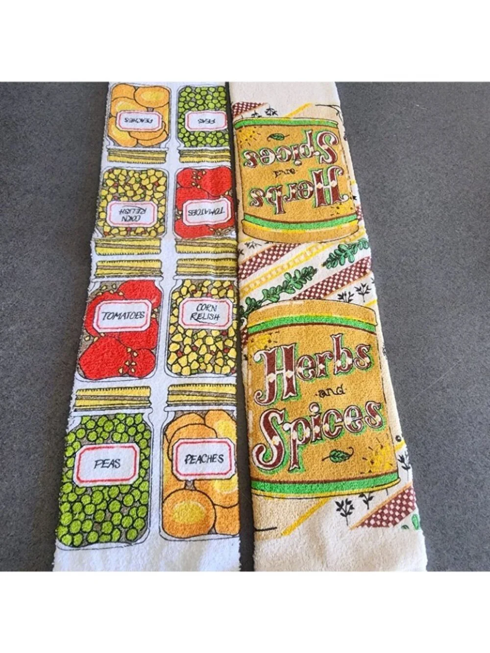 Vtg 1970s Terry Cloth Kitchen Towels Lot of 2 Fringed Canning Jars Herbs Spices
